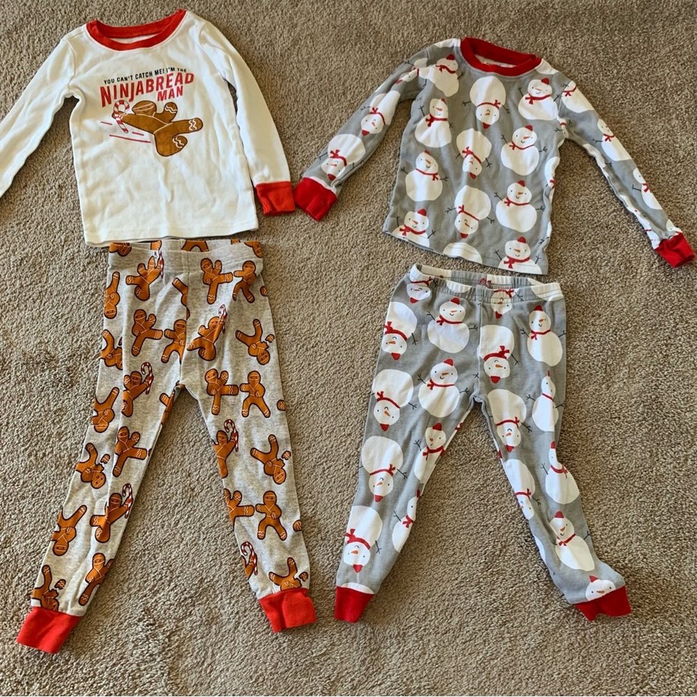 Kids Pajama Set with Red and Gray Patterns . Holiday pajamas .
